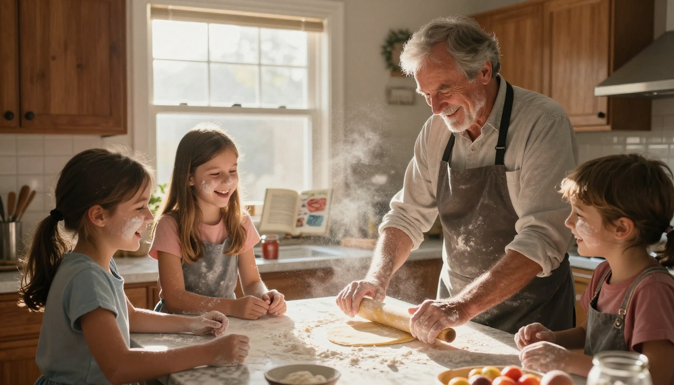 Grandfather making fresh pasta dough with two laughing teenage grandchildren in a sunny kitchen, flour dusting the air and their hands Grandfather making fresh pasta dough with two laughing teenage grandchildren in a sunny kitchen, flour dusting the air and their hands