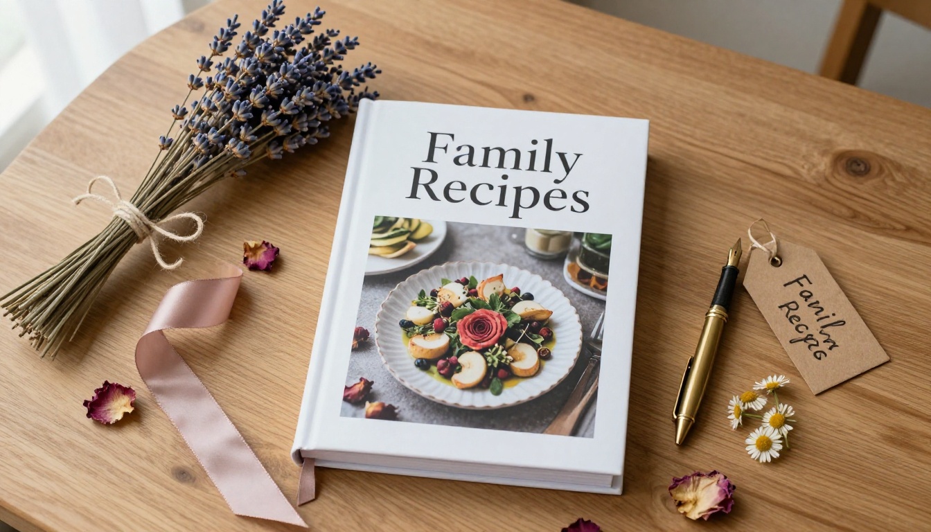 Overhead flatlay of a printed family cookbook on an oak table surrounded by dried lavender, rose petals, a brass fountain pen, and a handwritten gift tag Overhead flatlay of a printed family cookbook on an oak table surrounded by dried lavender, rose petals, a brass fountain pen, and a handwritten gift tag