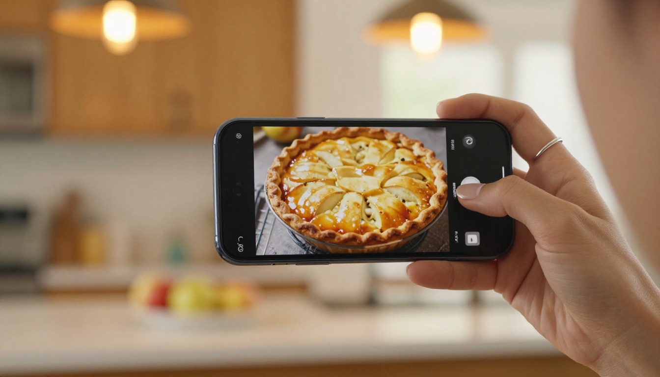 Woman's hand holding a smartphone showing a digital recipe flipbook with a mid-turn animation of an apple pie recipe page, warm kitchen bokeh behind Woman's hand holding a smartphone showing a digital recipe flipbook with a mid-turn animation of an apple pie recipe page, warm kitchen bokeh behind