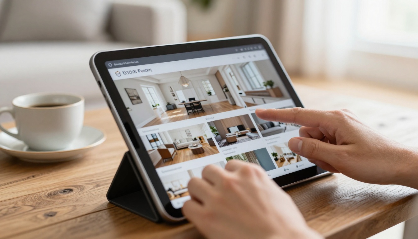 Hands scrolling through a digital real estate listing on tablet