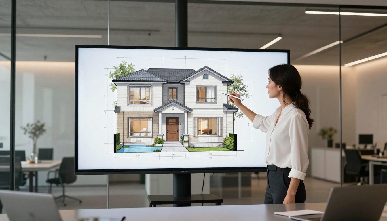Real estate agent pointing to floor plan on large display screen