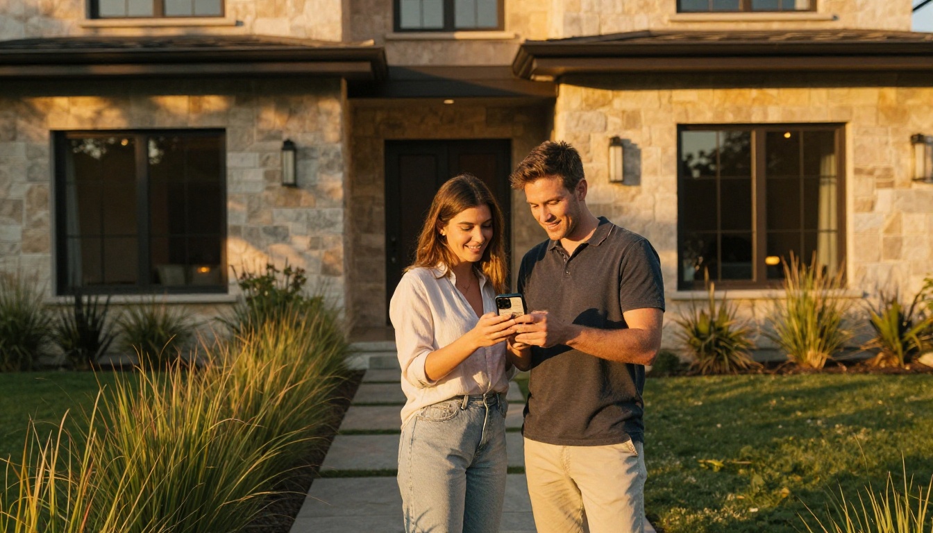Couple viewing property flipbook listing on smartphone outside luxury home