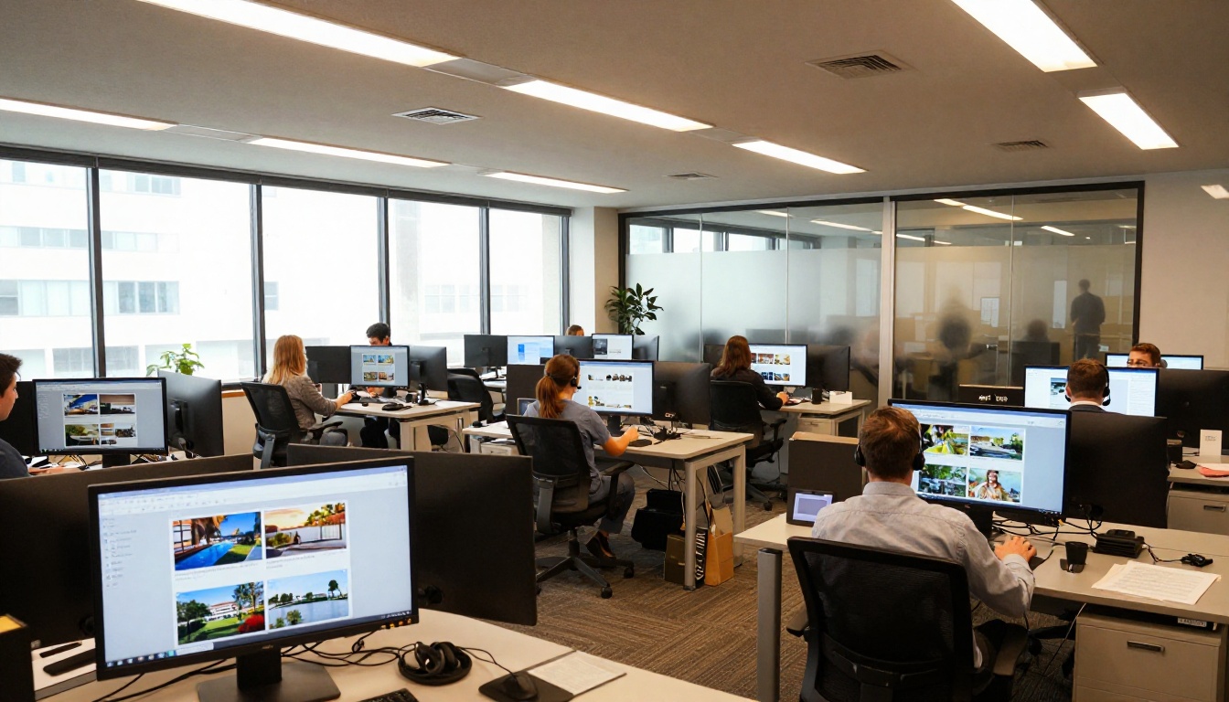 Real estate agency open-plan office with agents reviewing digital listings