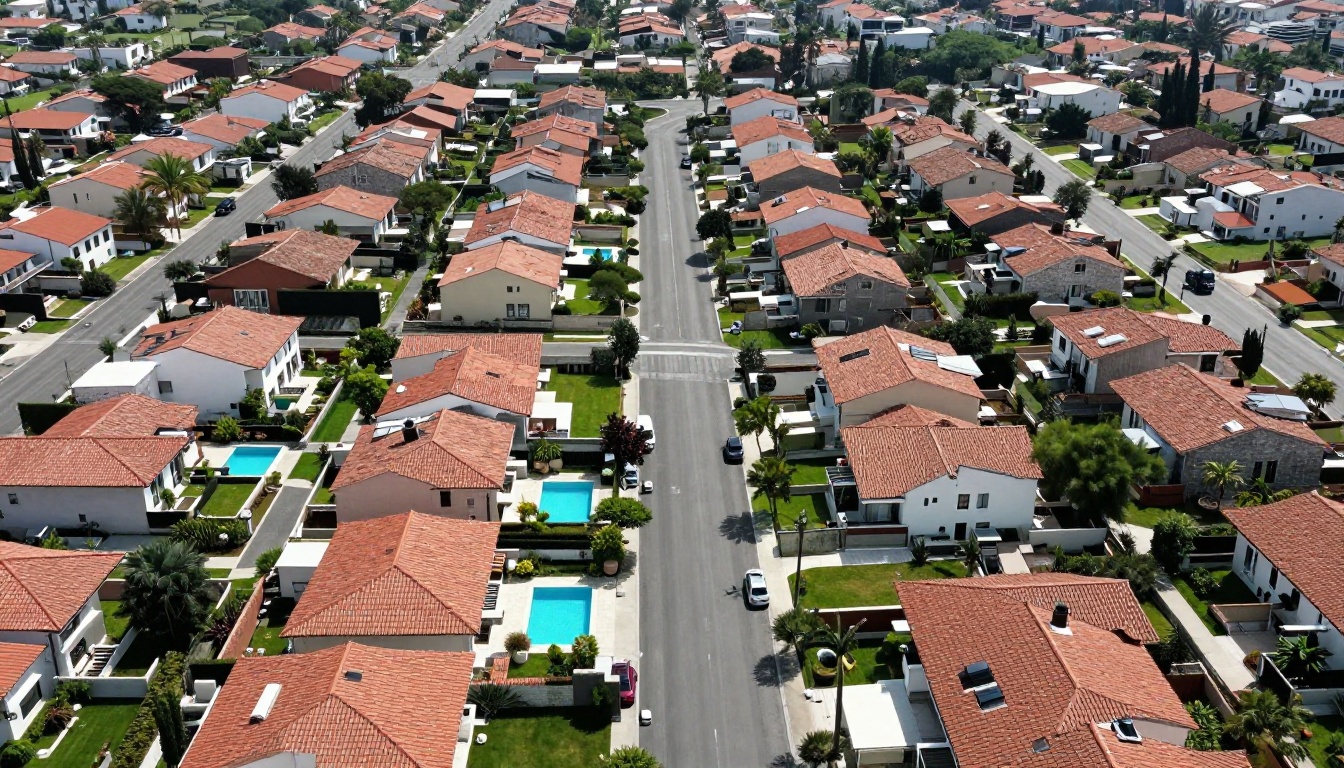 Aerial drone photograph of luxury residential neighborhood from above