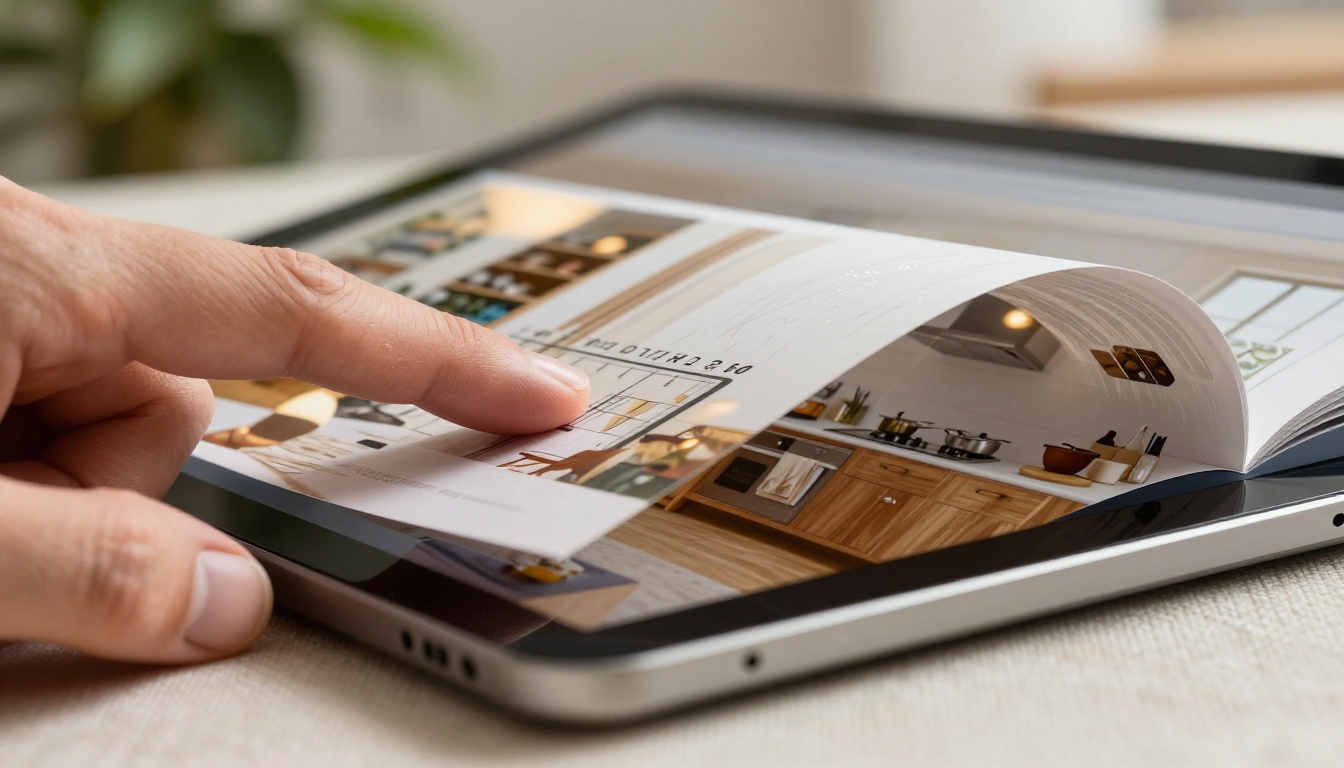 Close-up of finger touching tablet screen mid-page-turn animation of digital property brochure