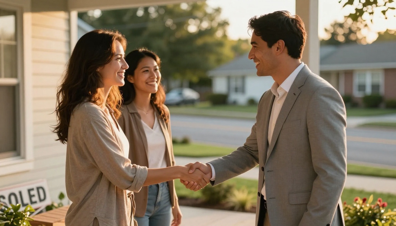 Real estate agent shaking hands with happy buyers in front of newly sold home