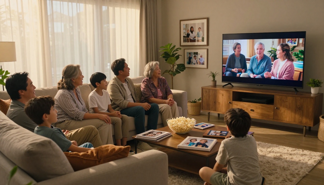A multigenerational family gathered around a television viewing a digital memoir flipbook together A multigenerational family gathered around a television viewing a digital memoir flipbook together