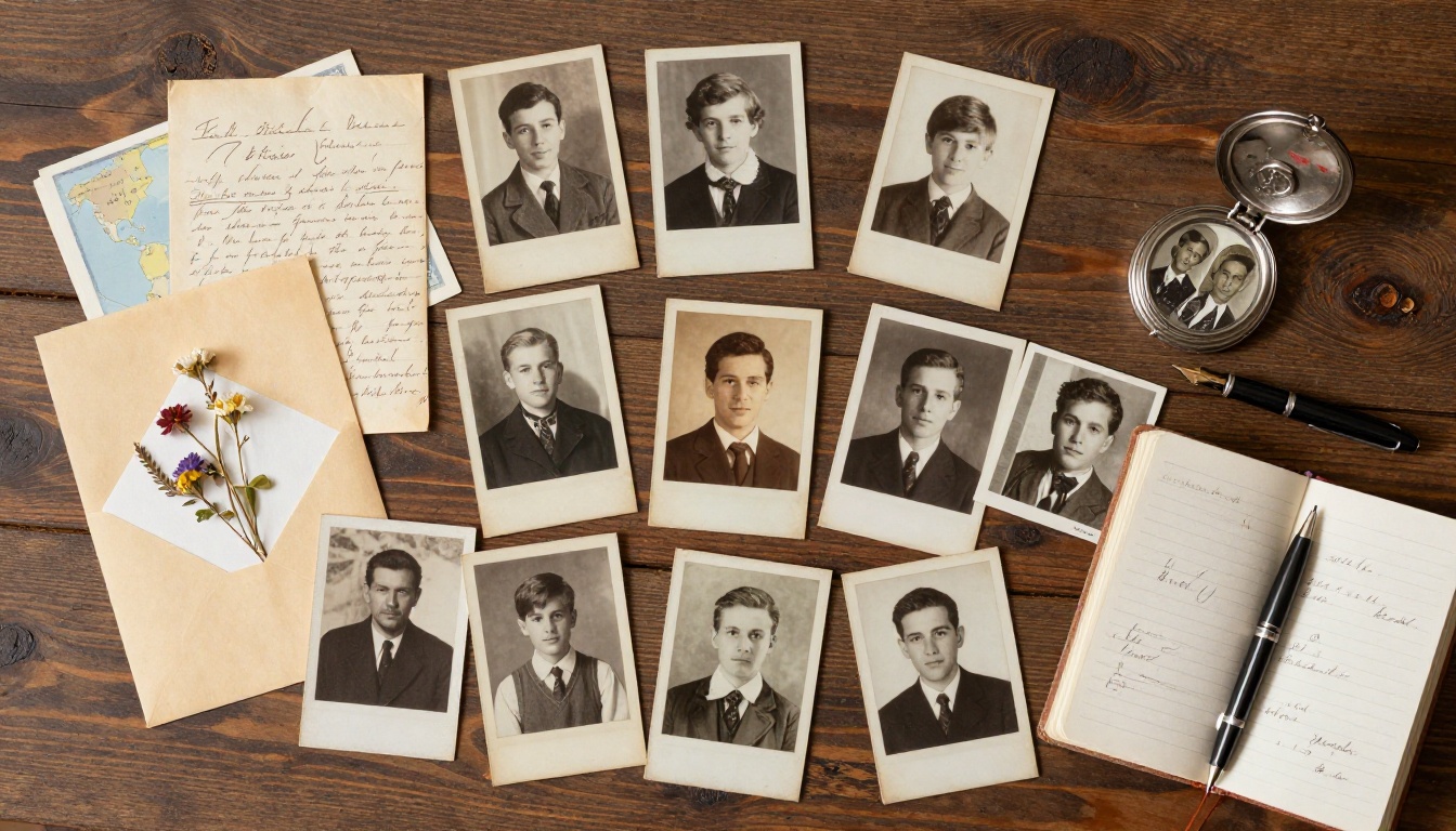 Aerial flat-lay of old family photographs, handwritten letters, and mementos spread across a dark walnut table Aerial flat-lay of old family photographs, handwritten letters, and mementos spread across a dark walnut table