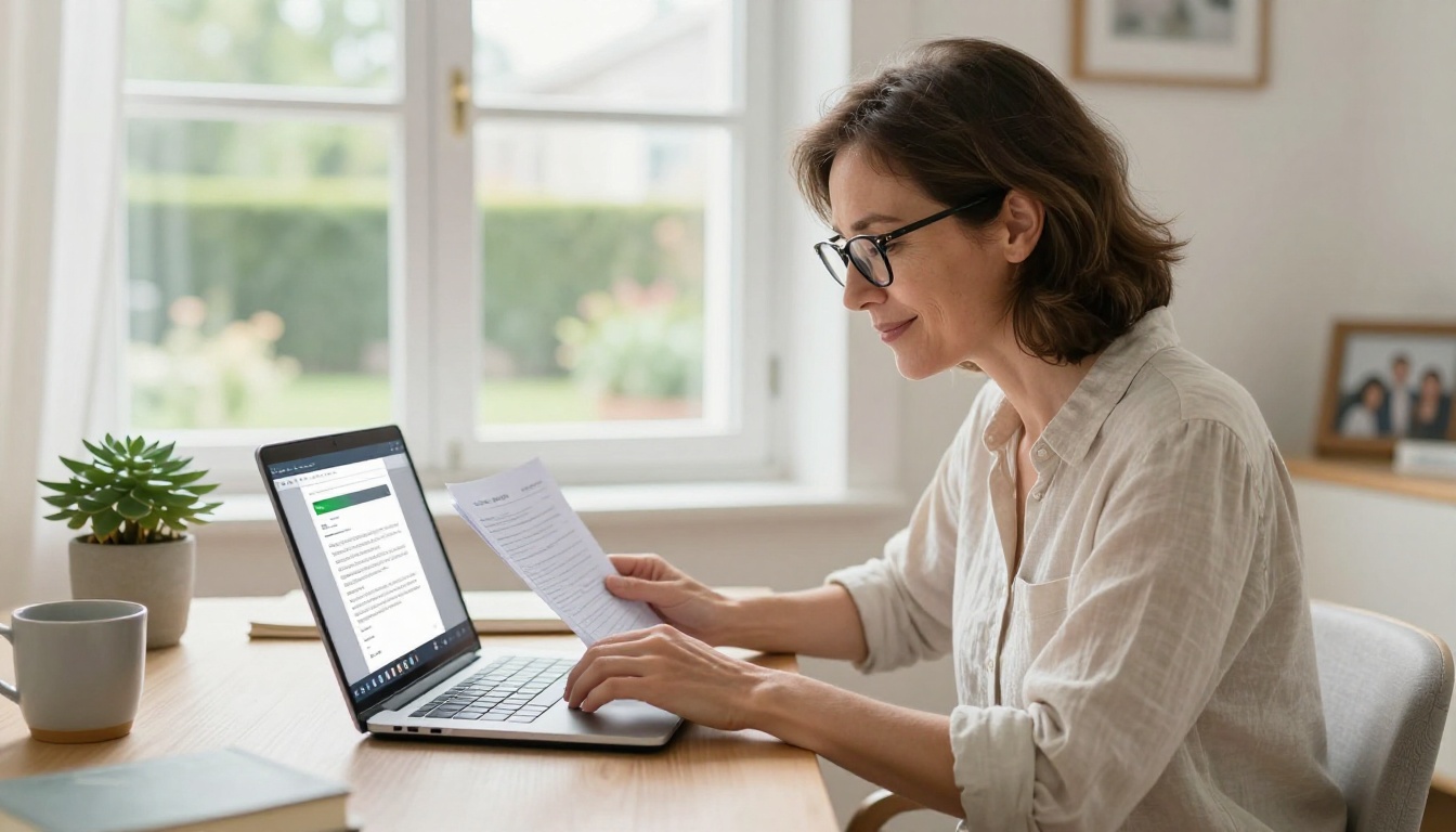 A woman uploading her memoir document to a laptop in a bright, airy home office A woman uploading her memoir document to a laptop in a bright, airy home office