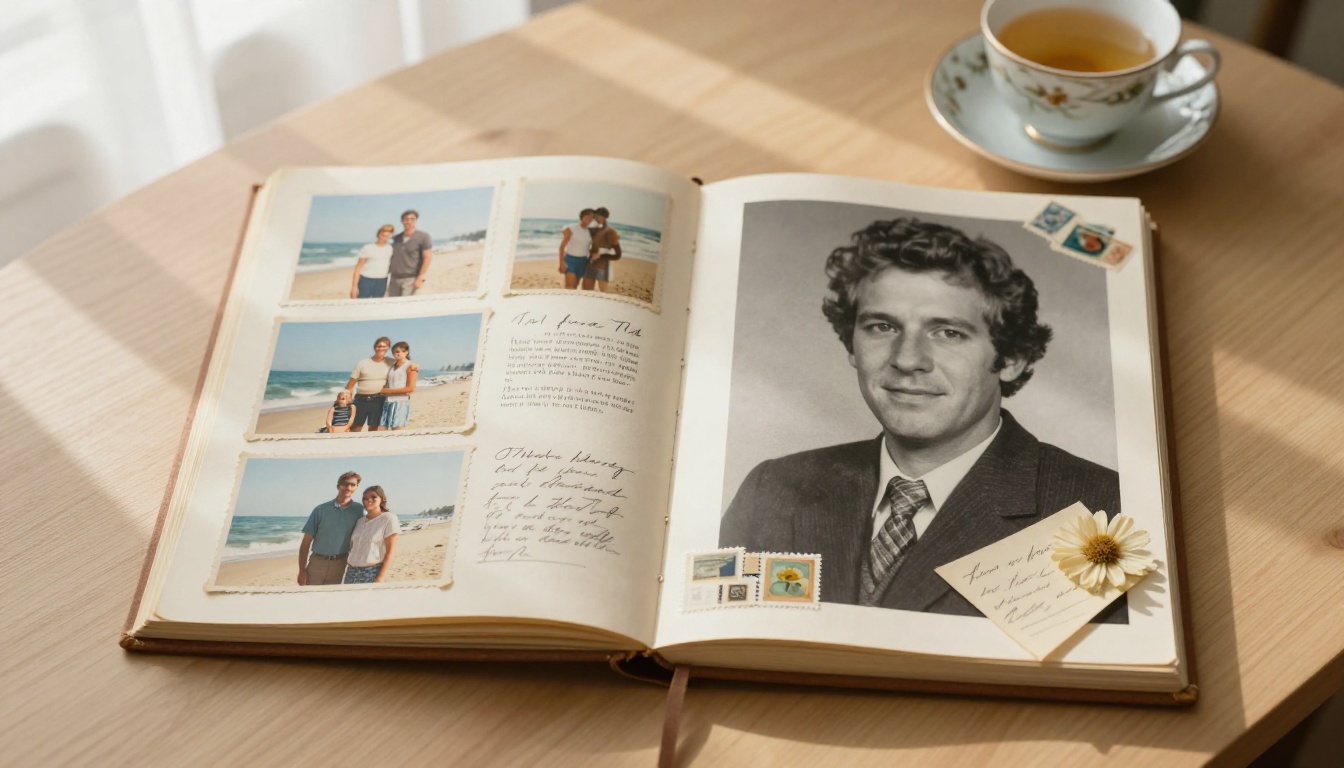 A beautifully arranged open scrapbook-style memoir spread with vintage photographs, handwritten captions, and pressed flowers A beautifully arranged open scrapbook-style memoir spread with vintage photographs, handwritten captions, and pressed flowers