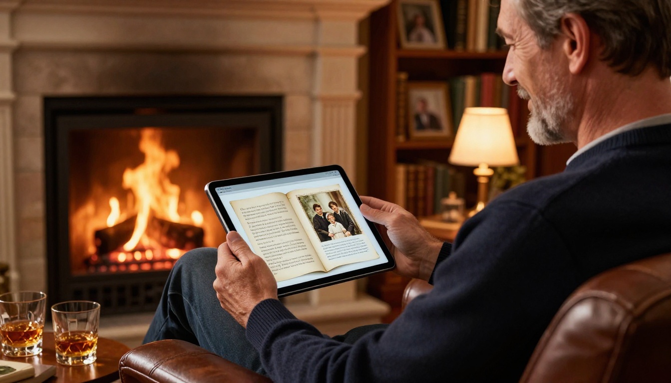 A man in his sixties reads his digital memoir flipbook on a tablet by a warm fireplace