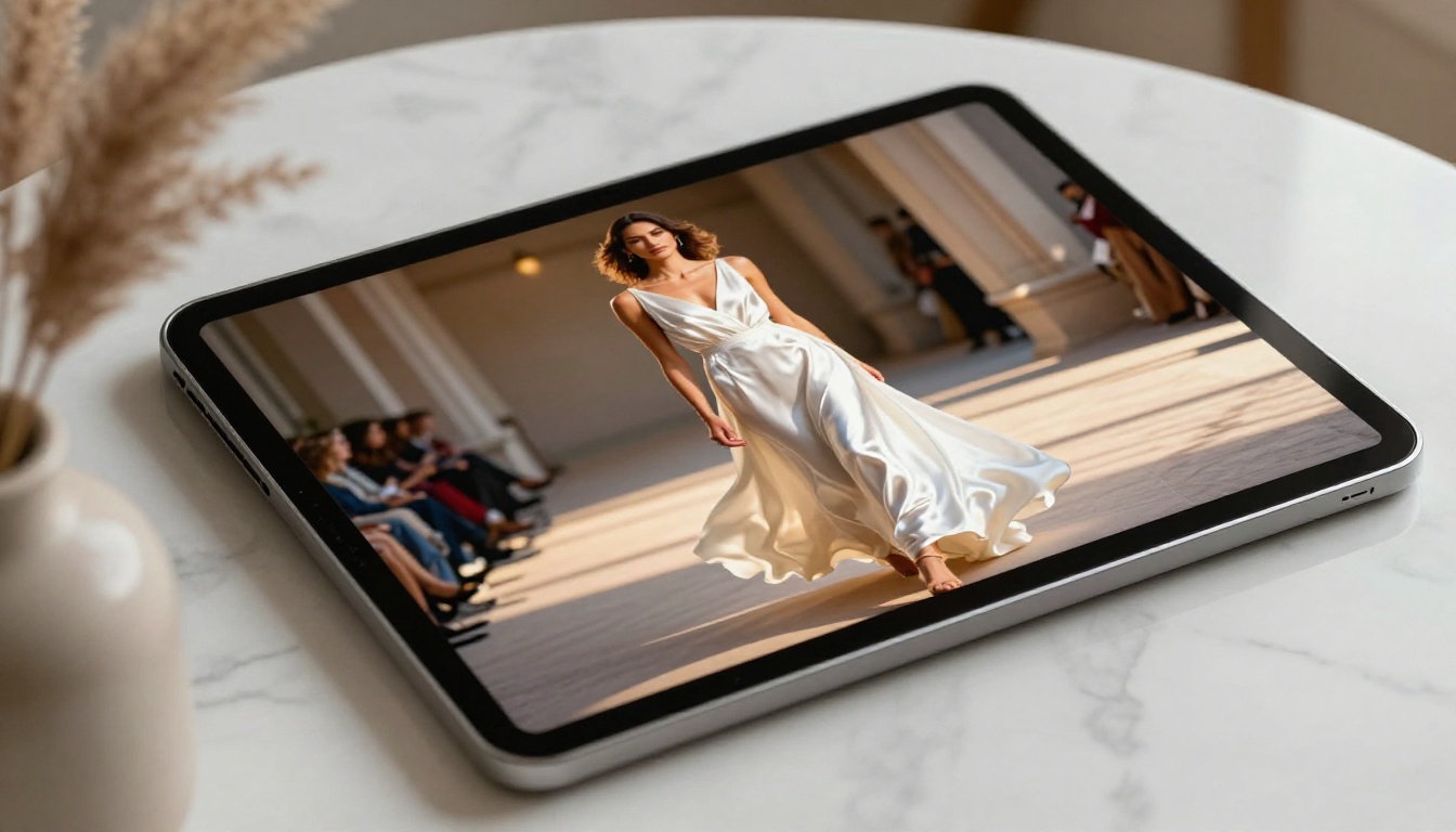 A luxury fashion lookbook displayed on a tablet with a cinematic video playing as the flipbook opening