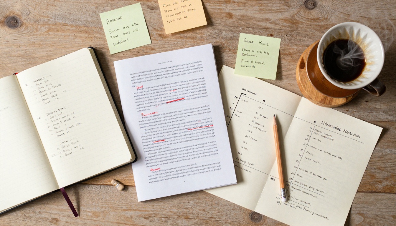 Aerial overhead shot of a writer's memoir desk with chapter outlines, manuscript pages, coffee, and sticky notes
