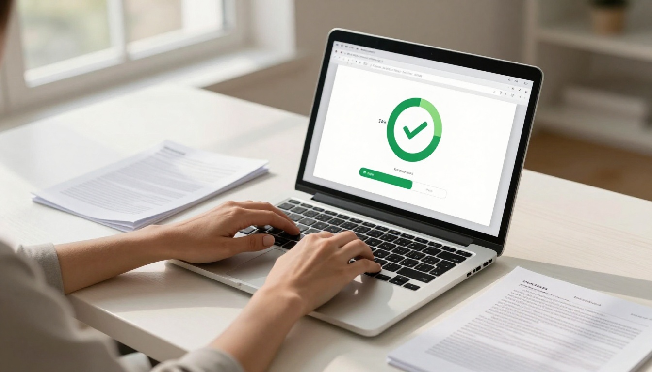 A woman uploading a PDF to a laptop, showing a file upload progress bar near completion
