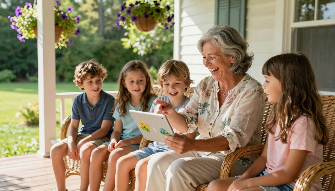 A grandmother laughing as she shows her digital memoir flipbook to two excited grandchildren on a sunny porch