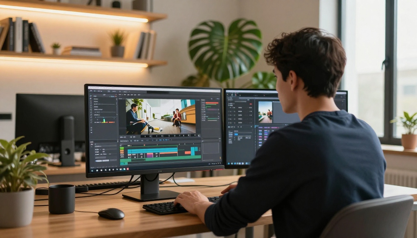 Over-the-shoulder view of a designer with the flipbook cover settings panel open on a dual-monitor desk