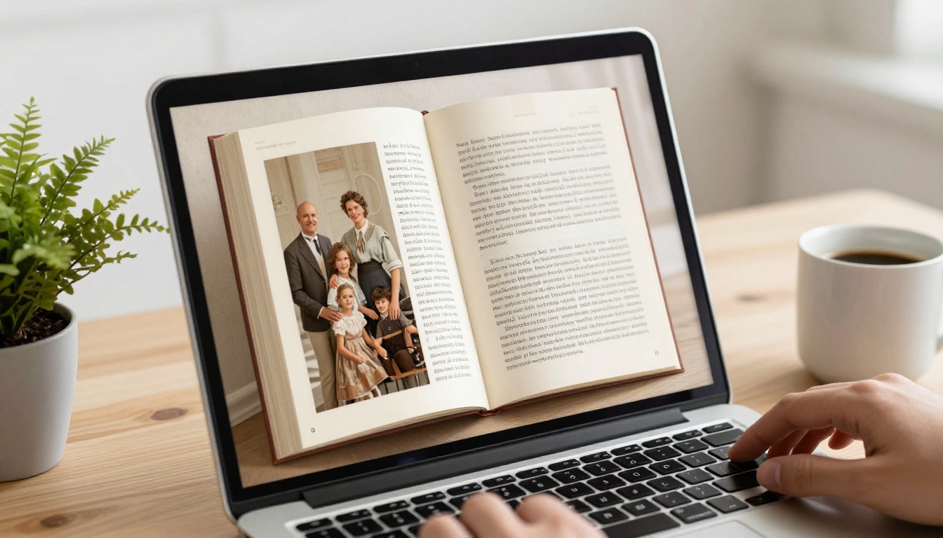 Close-up of a laptop screen displaying a beautifully designed memoir digital flipbook with elegant typography