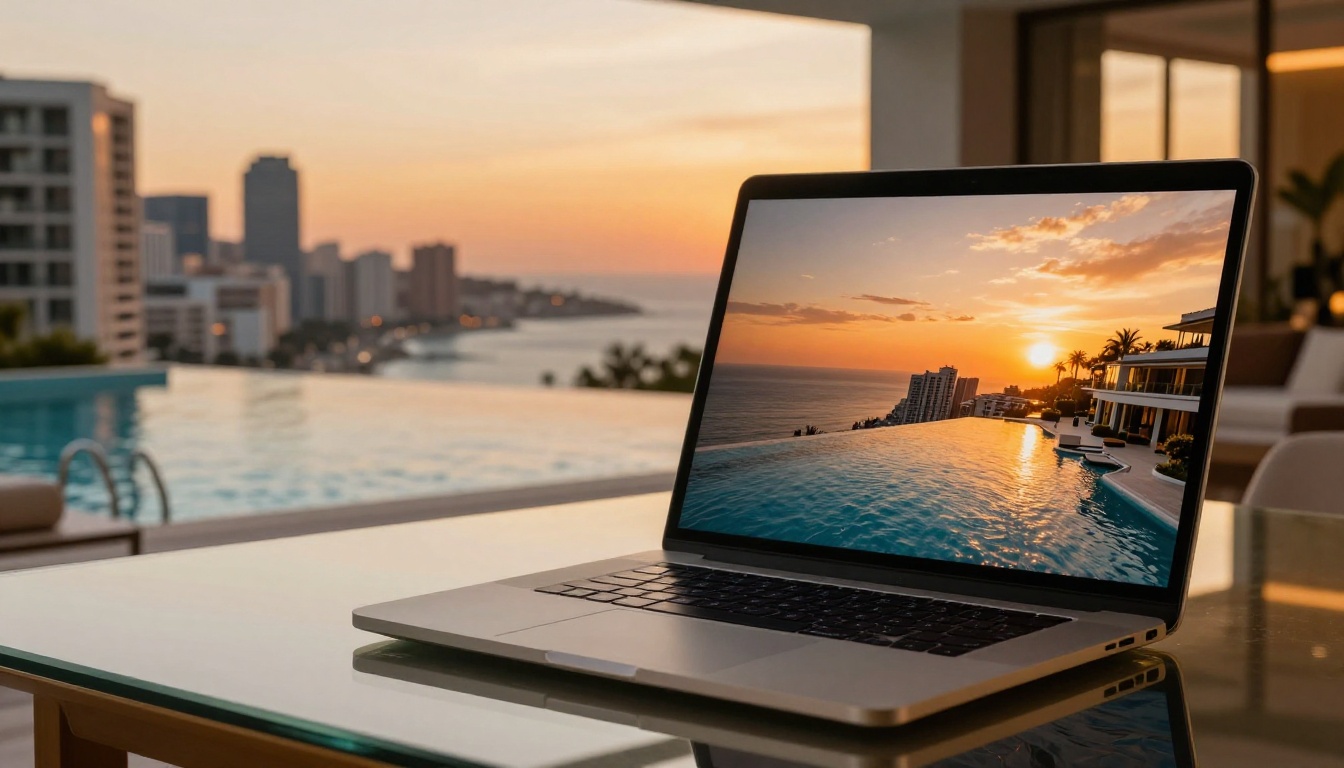 A luxury villa infinity pool displayed as a real estate flipbook opening on a laptop screen at golden hour A luxury villa infinity pool displayed as a real estate flipbook opening on a laptop screen at golden hour