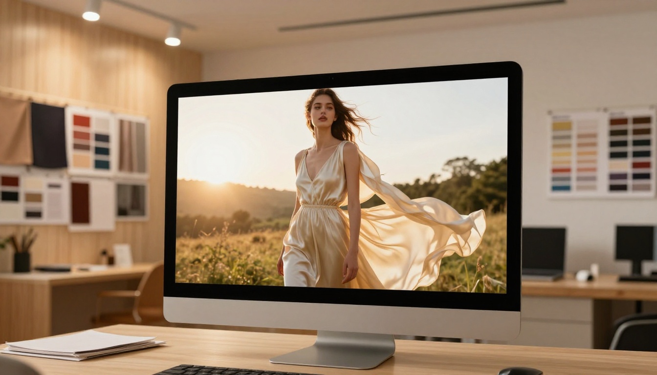 A fashion catalog flipbook on a desktop monitor showing a slow-motion silk dress video on the front page A fashion catalog flipbook on a desktop monitor showing a slow-motion silk dress video on the front page