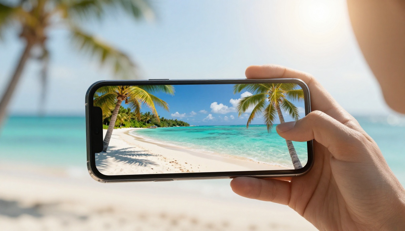 A woman holding a smartphone showing a travel brochure flipbook with a tropical beach video playing on the front page A woman holding a smartphone showing a travel brochure flipbook with a tropical beach video playing on the front page