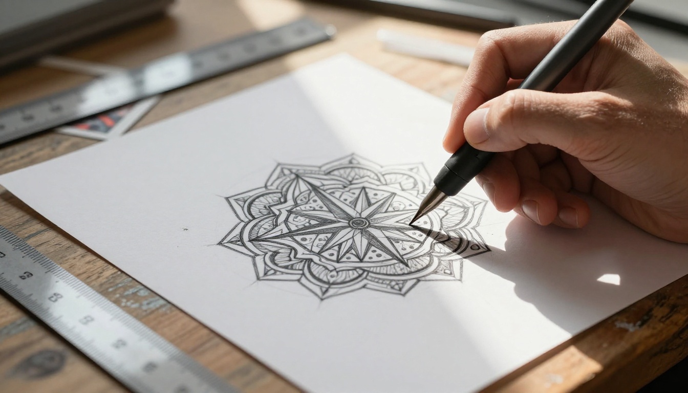 Tattoo artist's hands sketching an intricate geometric mandala on crisp white Bristol paper at a wooden drafting table