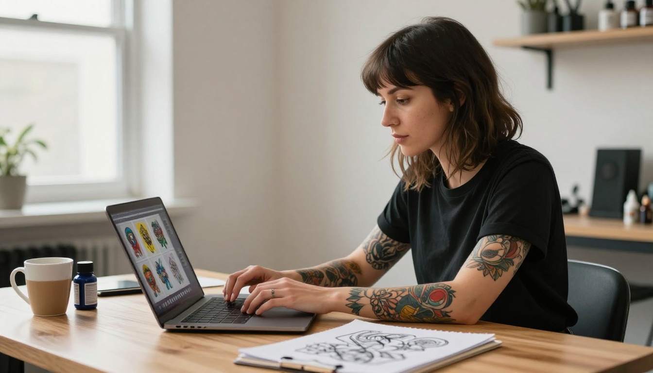 Tattooed female artist reviewing her digital portfolio on a laptop in a bright modern studio