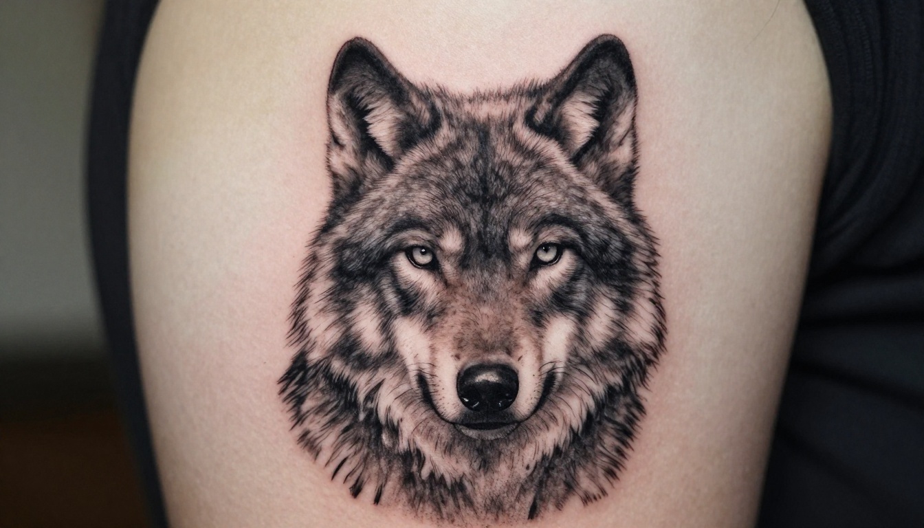 Stunning black-and-grey realism wolf tattoo on a woman's inner forearm photographed in soft natural daylight