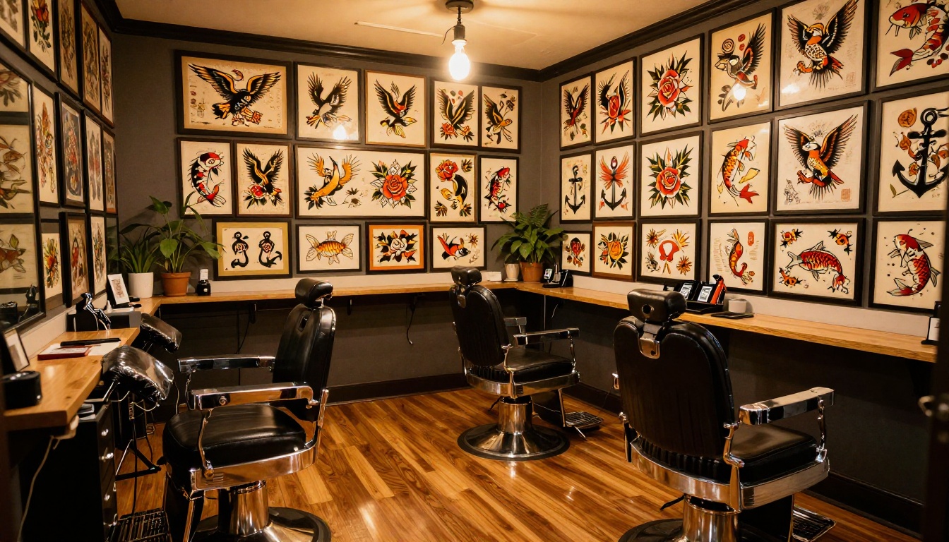Tattoo studio interior with walls covered in framed flash art and classic barber chairs in warm Edison bulb lighting