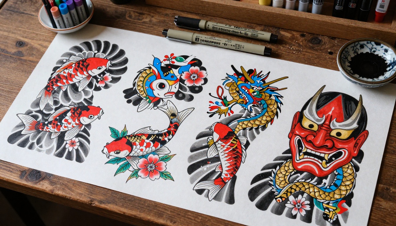 Traditional Japanese tattoo flash sheets arranged beautifully in a flat lay on a rustic wooden table