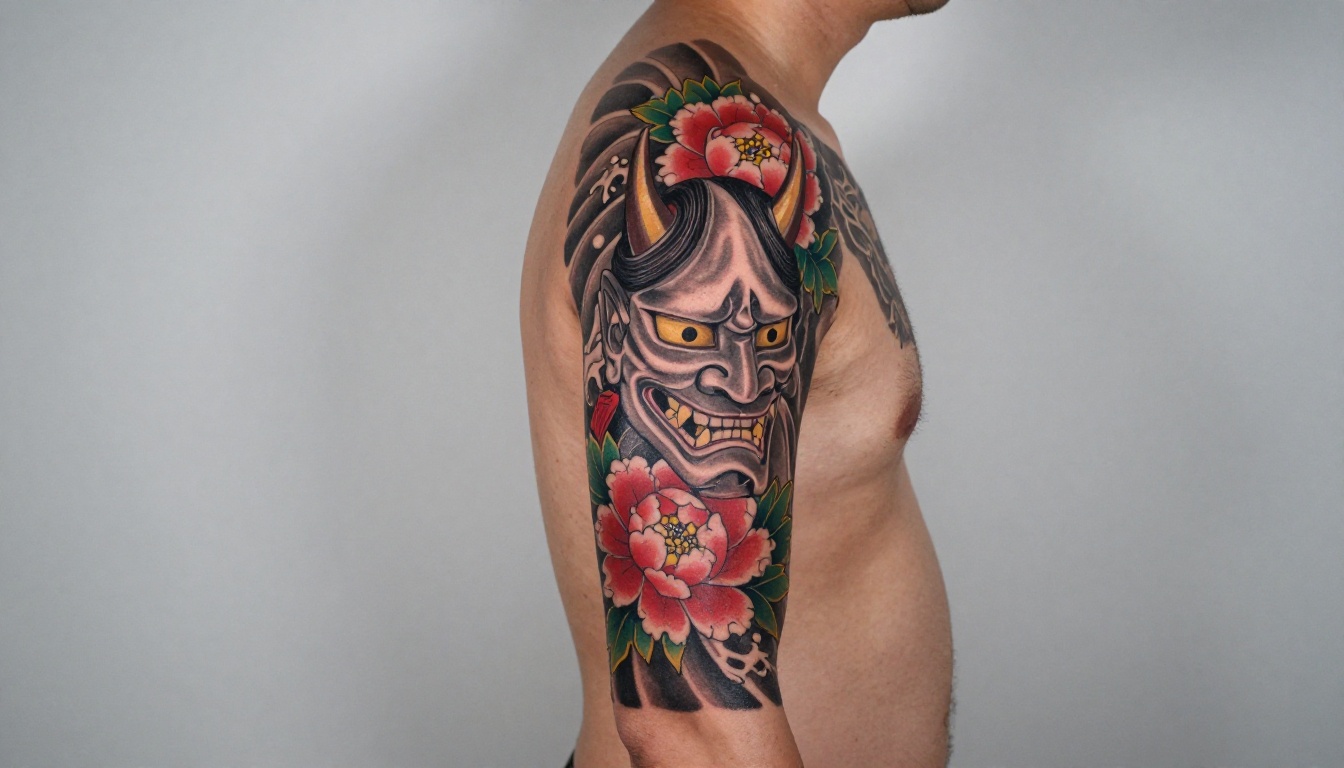 Completed Japanese sleeve tattoo featuring Hannya mask, peony flowers, and waves photographed against a neutral studio backdrop