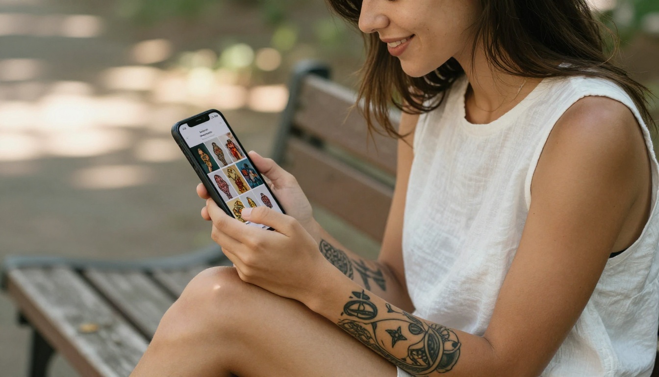 Young tattooed woman browsing a tattoo portfolio app on her smartphone outdoors in soft morning daylight