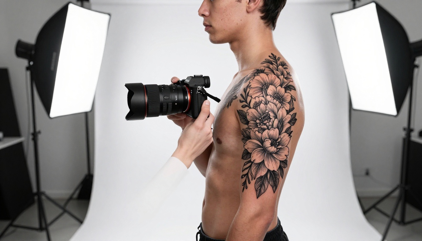 Professional photographer documenting a floral blackwork tattoo with softbox lighting in a clean studio setting
