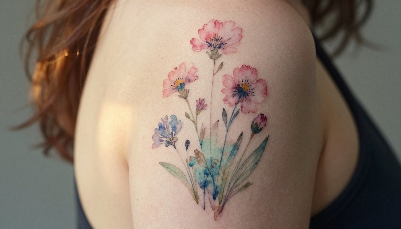 Delicate watercolor-style botanical tattoo in soft blush pink and sage green on a woman's shoulder in golden afternoon light