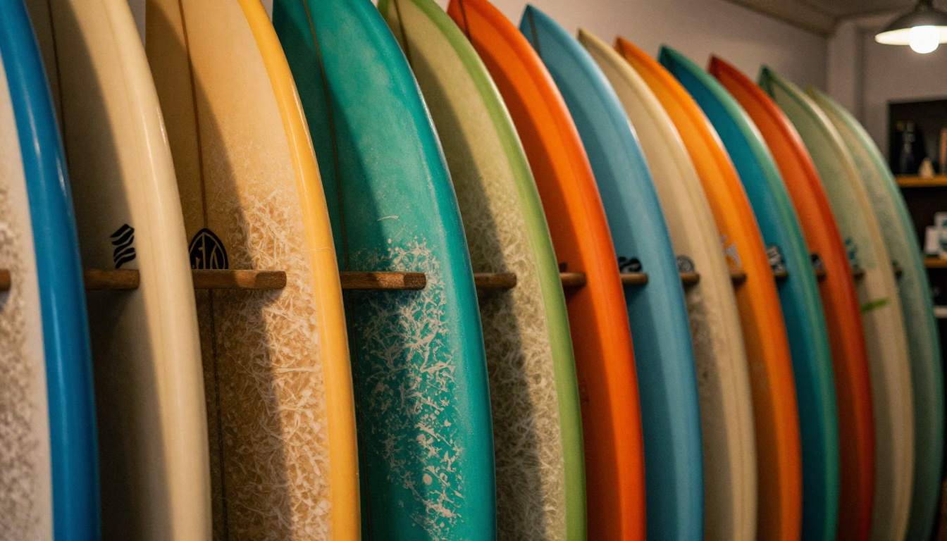 Close-up of colorful surfboards standing vertically in a wooden rack inside a surf shop, fiberglass texture and graphics in vivid detail