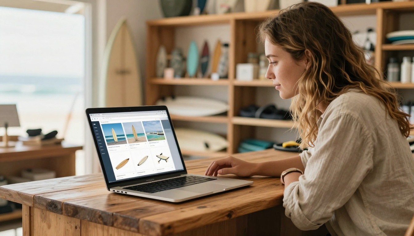 Surf shop owner with sun-bleached hair leaning over a wooden counter looking at a laptop showing a digital surfboard catalog