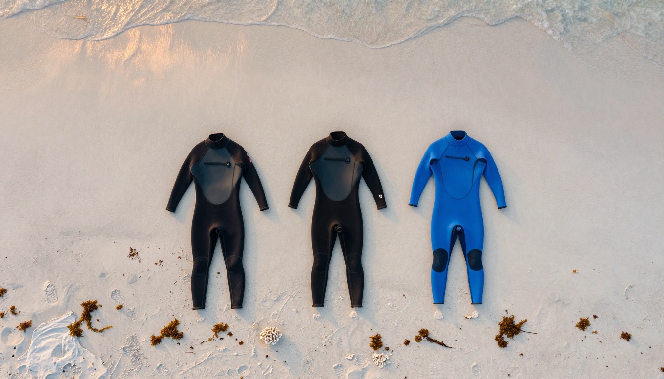 Aerial drone shot looking straight down at three colorful wetsuits laid flat on white sandy beach at golden hour