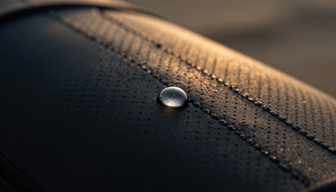 Ultra close-up of black neoprene wetsuit surface with a water droplet catching warm afternoon light, micro-perforations visible