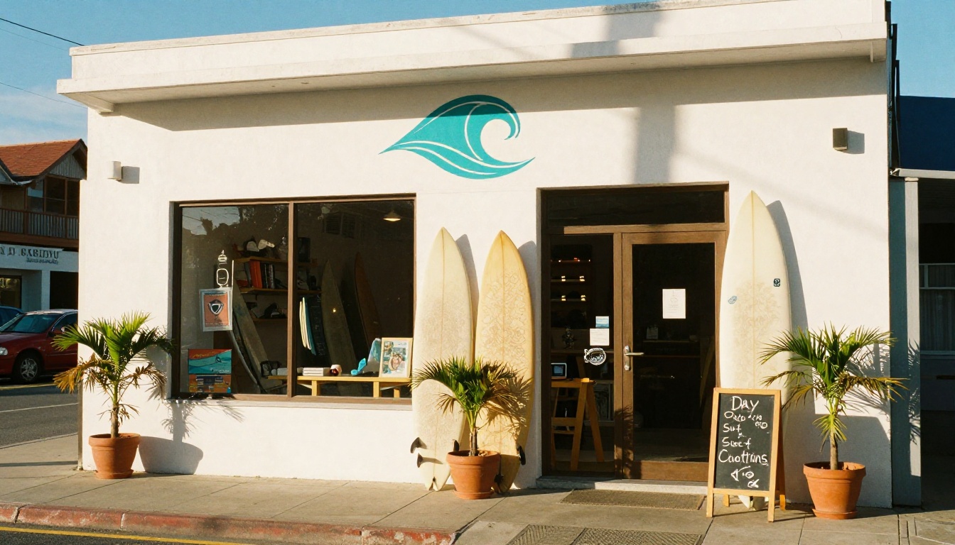Charming coastal surf shop storefront with whitewashed walls and surfboards leaning outside in golden midday sun
