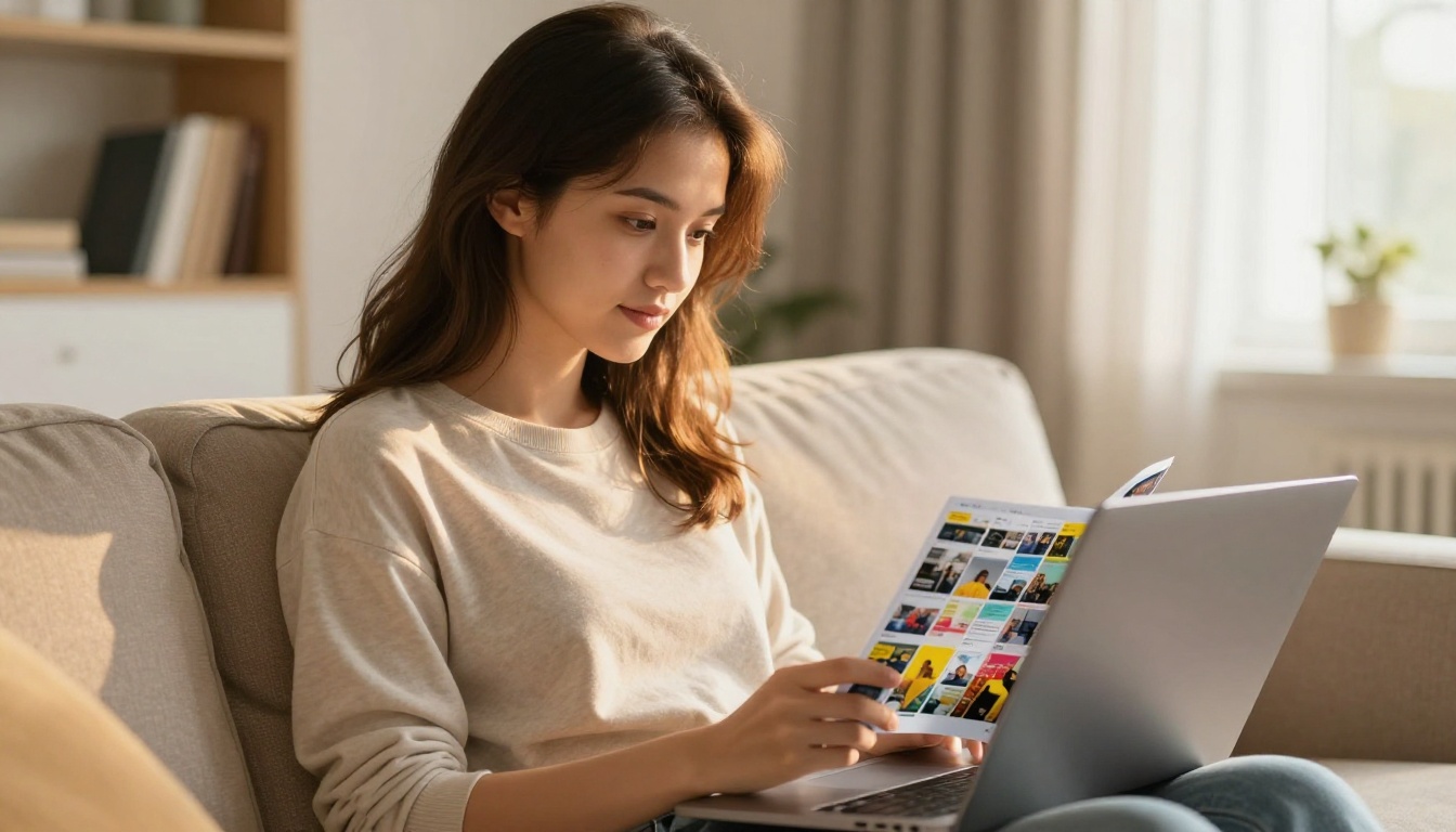 Woman browsing a digital sale flipbook on her laptop