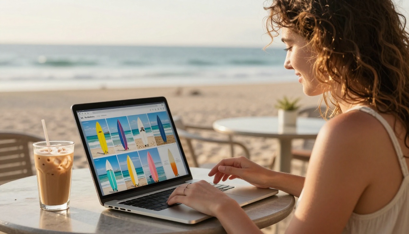 Young woman with sun-kissed wavy hair browsing a digital surf shop flipbook on a laptop at an outdoor beachside cafe, ocean visible in background