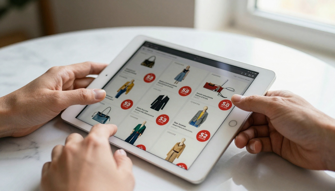 Hands holding a tablet displaying an interactive sale flipbook