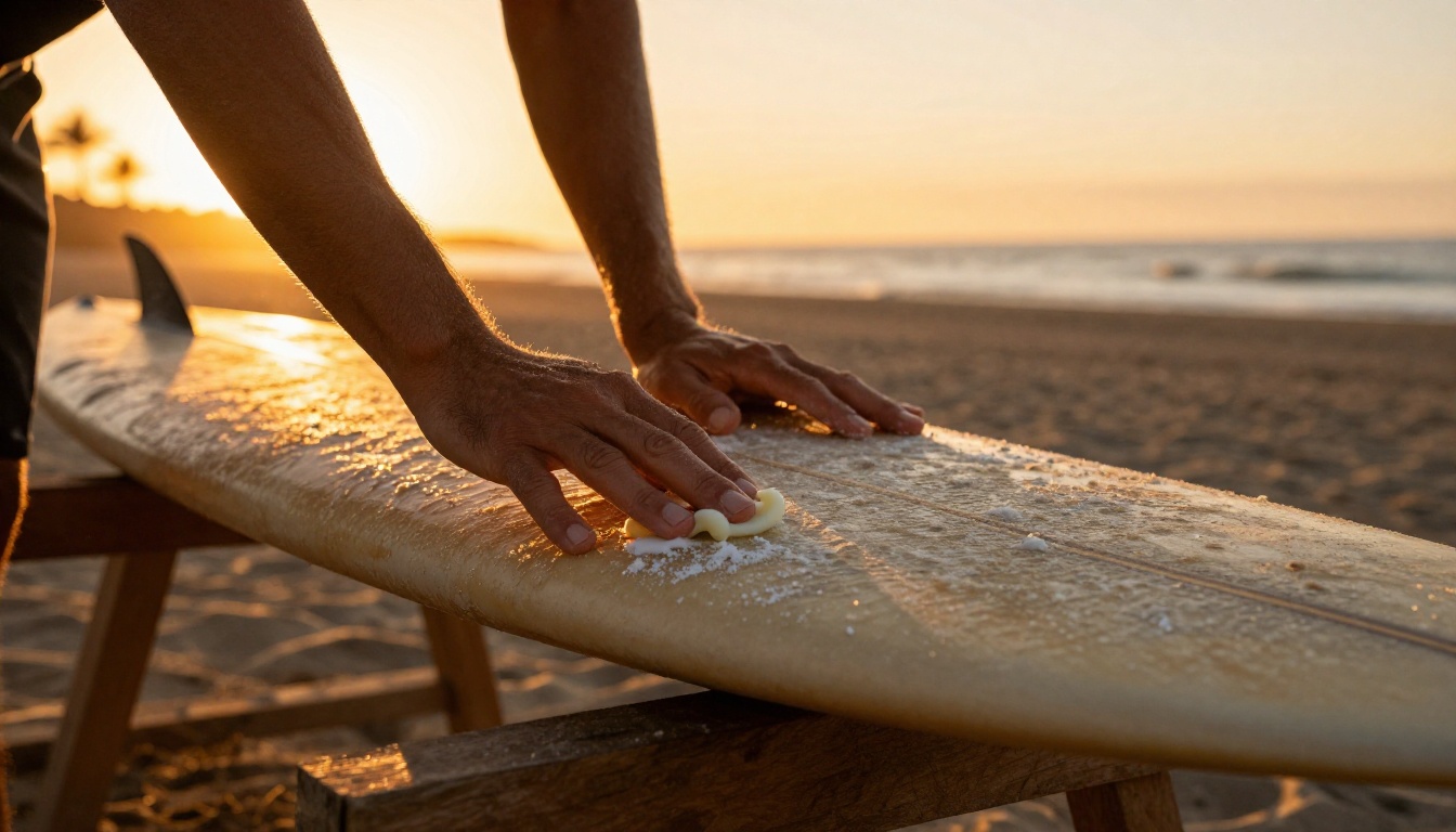 Close-up of hands rubbing surf wax onto a surfboard deck at warm orange sunset, wax curls visible, blurred ocean horizon through garage door