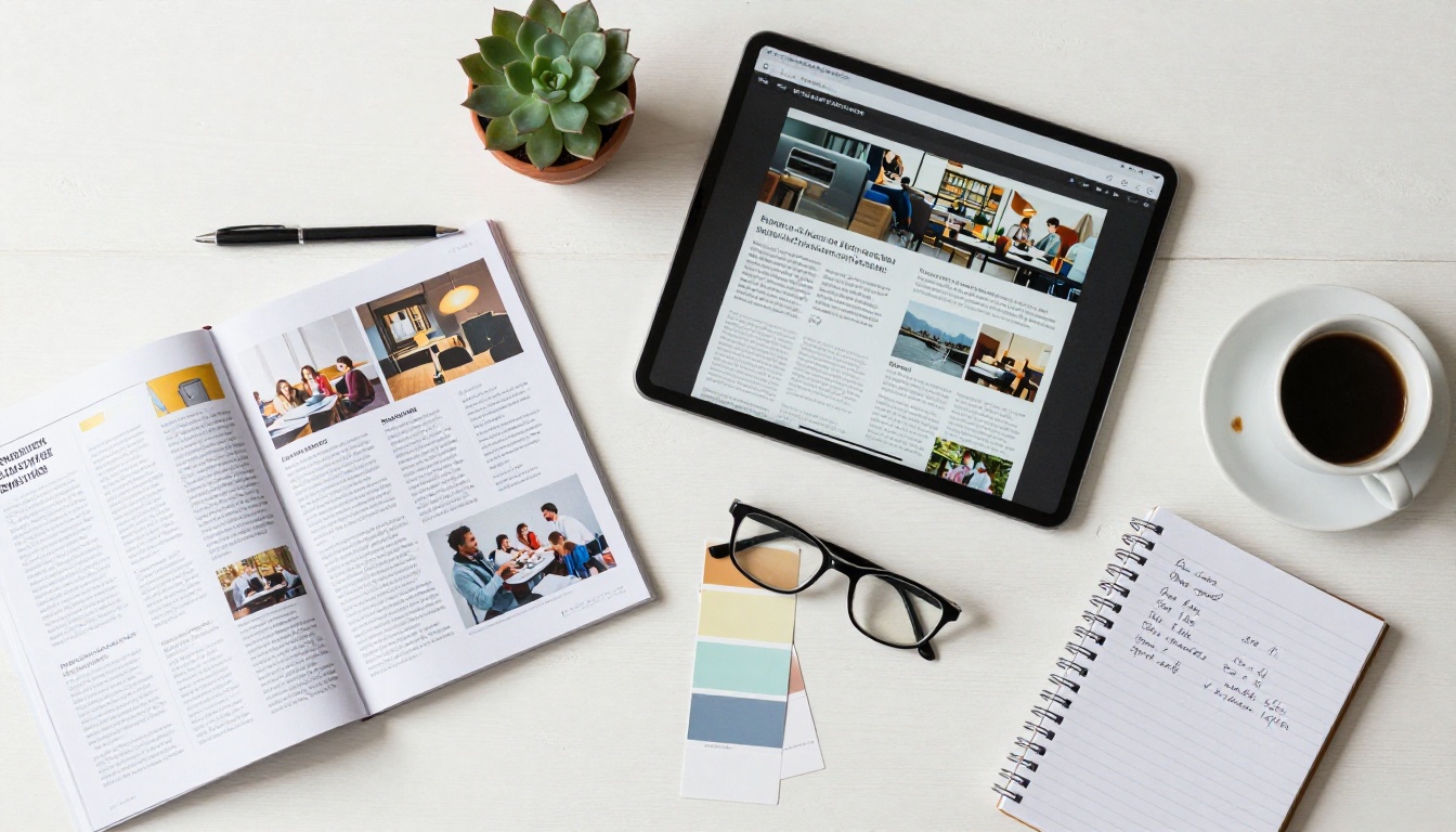 Aerial workspace with printed newsletter and tablet showing flipbook side by side