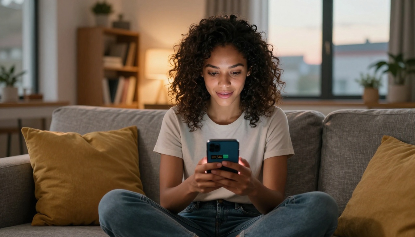 Woman sitting on sofa reading digital flipbook newsletter on her smartphone
