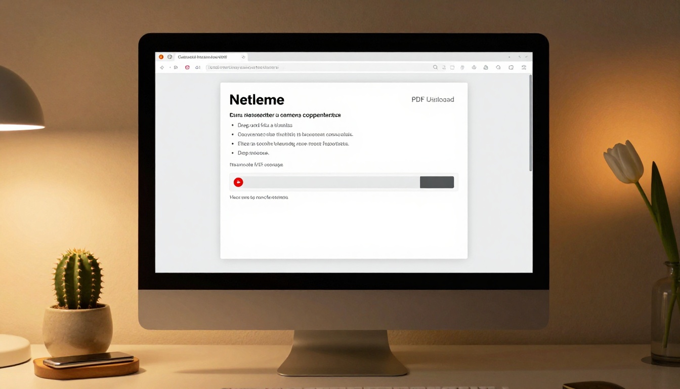 Monitor screen showing newsletter design and PDF upload conversion interface