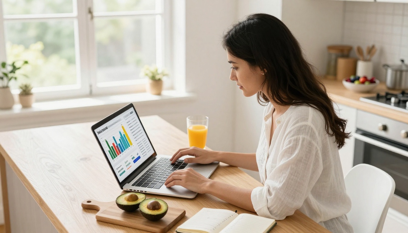 Woman at kitchen counter reviewing digital publication analytics on laptop