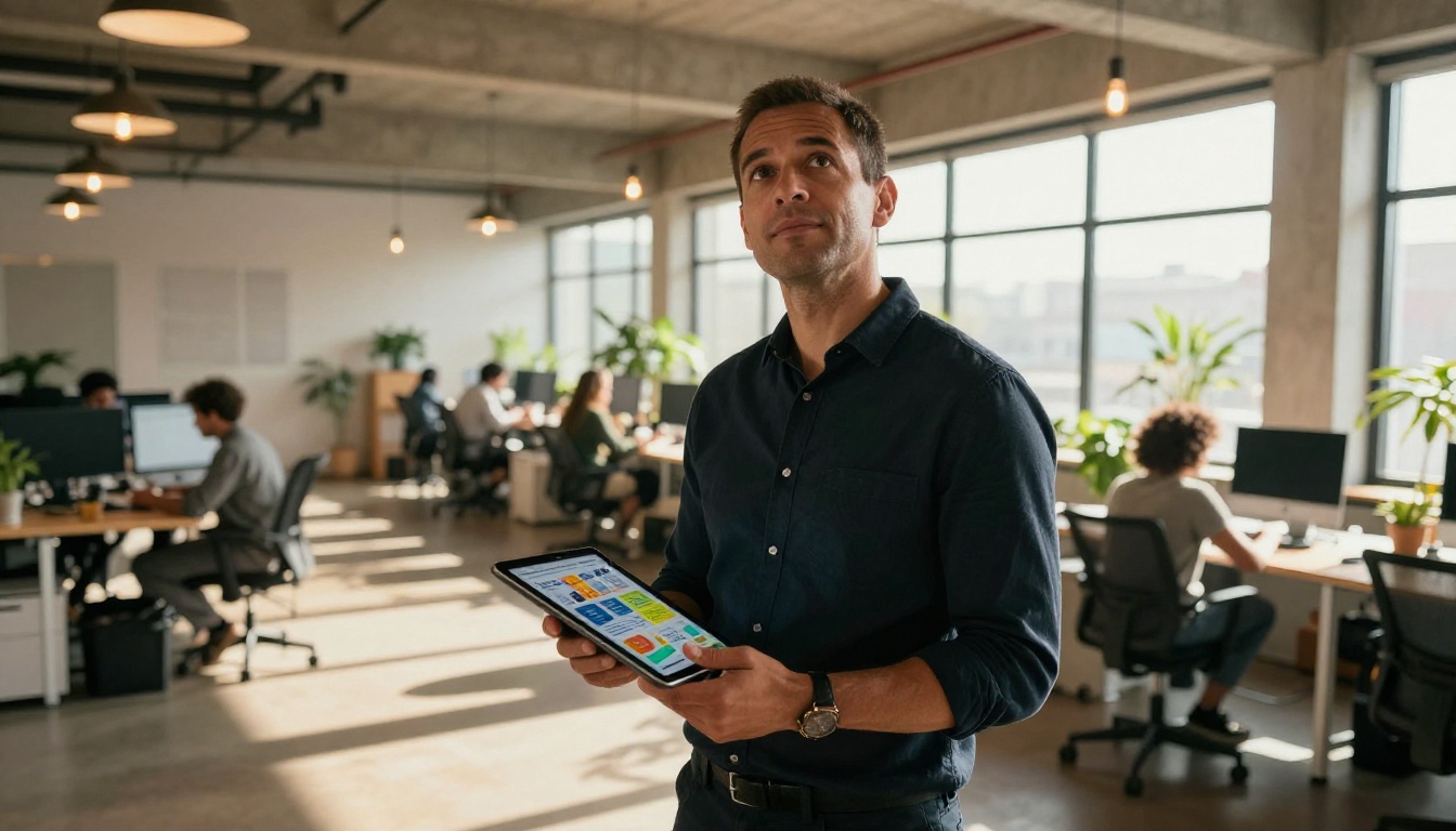 Man holding tablet with digital newsletter flipbook in creative agency office