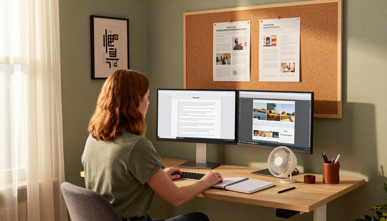 Woman in home studio reviewing newsletter layouts pinned to cork board with flipbook on dual monitor