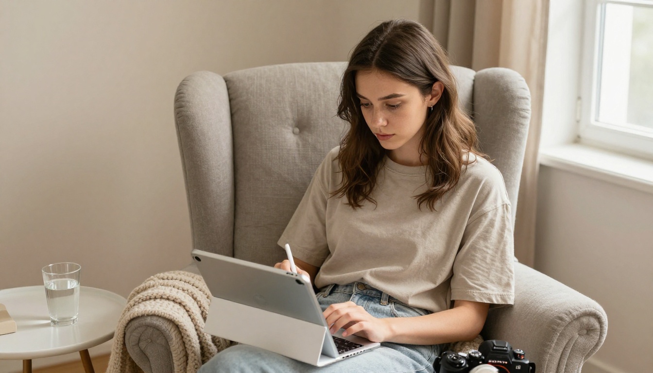 Client completing digital exercises on tablet in armchair Client completing digital exercises on tablet in armchair