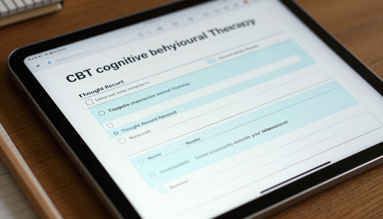 Close-up of CBT worksheet on tablet screen Close-up of CBT worksheet on tablet screen